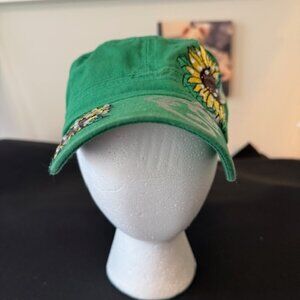 Green Casual Hat with Sunflower and Rhinestone accents